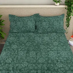 FABINALIV Green Floral Printed 300 TC Woollen King Bedsheet Set- 6.35 m x 5.71 m image 3