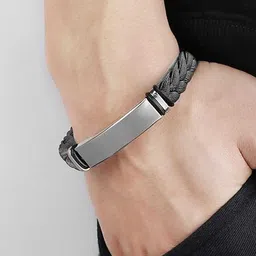 M Men Style Silver-Plated Stainless Steel Shri Ganeshay Leather Wraparound Bracelet image 4