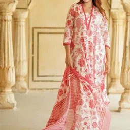 KALINI Women Floral Printed Regular Pure Cotton Kurta with Trousers & With Dupatta image 1