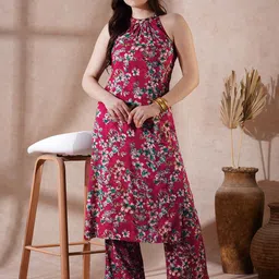 Globus Halter Neck All Over Floral Print Straight Kurta With Pants Fusion Set-picture-36