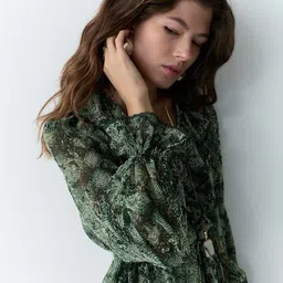 Marks & Spencer Women Abstract Printed Tiered V-Neck Ruffled A-Line Midi Dress image 4