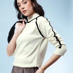 glitchez Solid High Neck Ribbed Oversized Pullover With Contrast Piping-image-6