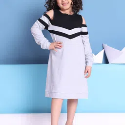 Baawri Girls Colourblocked Cold-Shoulder Sleeves A-Line Dress-picture-18