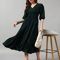 Raiyani Fashion Women Solid Puff Sleeve Fit & Flare Midi Dress-picture-38