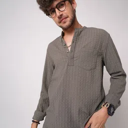 VASTRADO Men Woven Design Mandairan Coller Thread Work Jacquard Pathani Kurta image 2