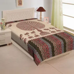 ABHACLOTHO Beige & Red Cotton 144 TC Single Regular Bedsheet 84'' x 60" image 3