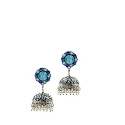 NAMAN ARTS Silver-Plated Artificial Stones Studded and Beaded Dome Shaped Oxidised Jhumkas image 4