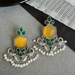 NAMAN ARTS Silver-Plated Stones Studded & Beaded Peacock Shaped Oxidized Drop Earrings-picture-33