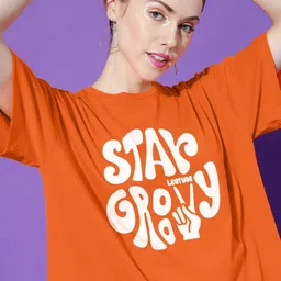 Leotude Women Typography Printed Round Neck Cotton Oversized T-shirt-image-10