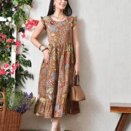 DECKEDUP Women Floral Printed Ruffled Flutter Sleeve Fit & Flare Midi Dress image 3