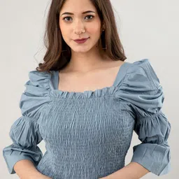 DressBerry Women Square Neck Smocked Cotton Crop Top-image-23