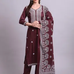 Angkor Women Brown Floral Embroidered Cotton Kurta With Trousers & Dupatta Set-image-75