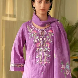 Indo Era Women Floral Embroidered Regular Thread Work Pure Cotton Kurta with Trousers & With Dupatta-picture-14