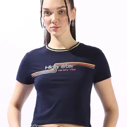 High Star Typography Printed Extended Sleeves Slim Fit Cotton T-shirt-image-1