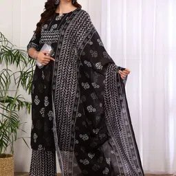 YASH GALLERY Women Ethnic Motifs Printed Regular Pure Cotton Kurta with Palazzos & With Dupatta image 4