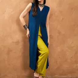 InWeave High Slit V-Neck Straight Asymmetric A-Line Kurta With Palazzos image 2