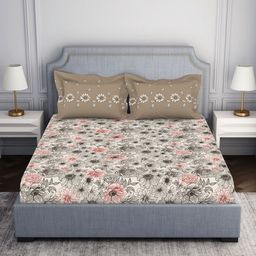 SPACES Cream-Coloured & Black Floral 144 TC King Bedsheet with 2 Pillow Covers-picture-40