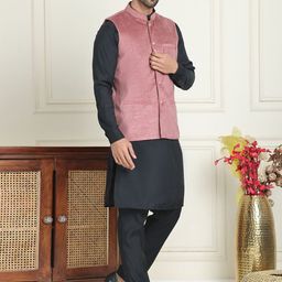Anouk Black Woven Design Band Collar Straight Kurta With Pyjamas & Velvet Nehru Jacket-picture-3