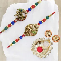 MEIRA JEWELLERY Set Of 2 Lord Radha Krishna Rakhi With Greeting Card Gift Set-picture-41