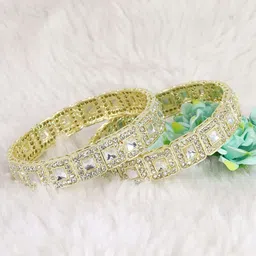 zulka Set of 2 Golden Metal Bangles Kada with Zircon Diamond & Kundan Mirror image 4