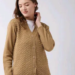 shunit creation Women Self Design V Neck Brown Sweater image 1