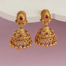 Kushal's Fashion Jewellery Women Ruby Gold-Plated Dome Shaped Antique Jhumkas Earrings-picture-50