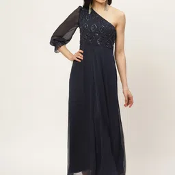 Antheaa Women Navy Blue Embellished One-Shoulder Maxi Dress-picture-34