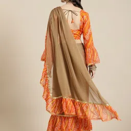 Mitera Beige & Orange Checked & Leheriya Printed Saree image 3