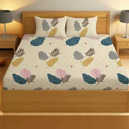 IVAZA Cream-Coloured Floral 330 TC Queen Bedsheet with 2 Pillow Covers-picture-30