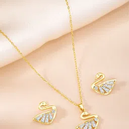 Peora Gold Plated Artificial Stones Studded Swan Pendant and Earrings With Rose-image-58
