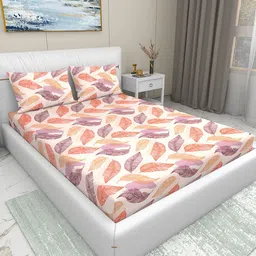 Aura Beige & Orange 220 TC King Bedsheet with 2 Pillow Covers-image-85