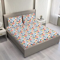 Layers White & Blue Floral Printed Microfiber King Bedsheet Set 2.74 m x 2.74 m-picture-16