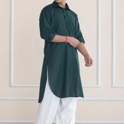 APPIX Men Green & White Solid Shirt Collar Long Sleeves Cotton Kurta & Salwar Set image 5