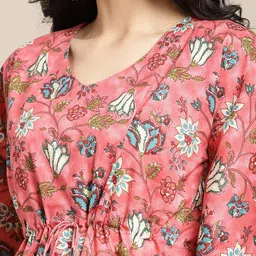 Varanga Women Peach-Coloured & Green Printed Pure Cotton Kaftan With Trousers image 2