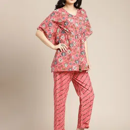 Varanga Women Peach-Coloured & Green Printed Pure Cotton Kaftan With Trousers image 3