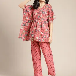Varanga Women Peach-Coloured & Green Printed Pure Cotton Kaftan With Trousers image 4