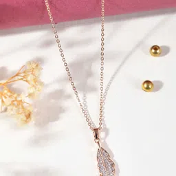 DressBerry Rose Gold-Plated American Diamond Stone-Studded Leaf Shaped Pendant With Chain-picture-20
