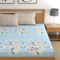 CHHAVI INDIA Blue & Pink Floral 210 TC King Bedsheet with 2 Pillow Covers image 2
