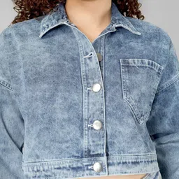 COSMIC Women Washed Crop Denim Jacket image 2