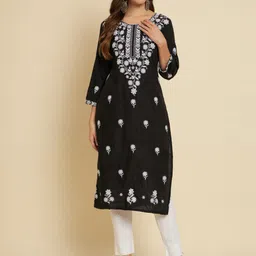 HERE&NOW Black & White Ethnic Motifs Chikankari Embroidered Cotton Kurta-picture-28