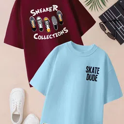 BAESD Boys Pack Of 2 Printed Drop-Shoulder Sleeves Oversized Pure Cotton T-shirts-picture-50