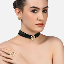 Zaveri Pearls Gold-Plated Green & White Kundan-Studded & Beaded Choker Jewellery Set image 2