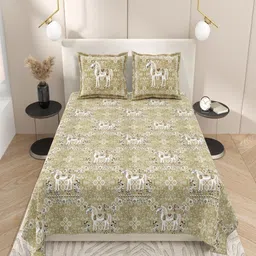 INDRA'S Olive Green & White 160 TC King Bedsheet with 2 Pillow Covers-picture-41