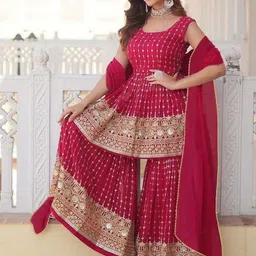 HERE&NOW Women Ethnic Motifs Embroidered Empire Gotta Patti Kurta with Sharara & With Dupatta image 3