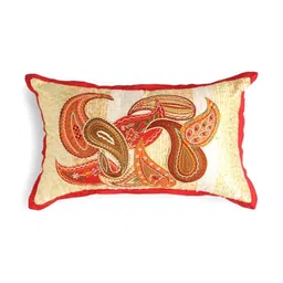 Revive Home Off White & Red Paisley Design Patch Work Embroidered Rectangle Cushion Cover image 3