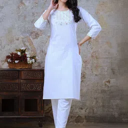 AUZAAI COLLECTION Floral Embroidered Round Neck Pure Cotton Kurtas-image-34