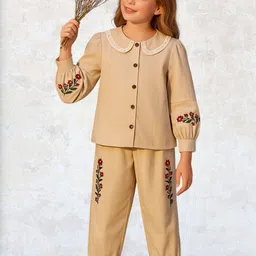 KICO Girls Embroidered Peter Pan Collar Pure Cotton Shirt With Jogger-image-8