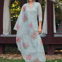 Indo Era Women Floral Embroidered Regular Thread Work Kurta with Trousers & With Dupatta image 5