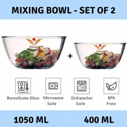 femora Borosilicate Glass Serving Bowl Borosilicate Glass Microwave Safe 400 ML, 1050 ML Round Mixing image 2