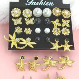 NAVJAI Set of 12 Gold-Plated Metal American Diamond Earrings-picture-37